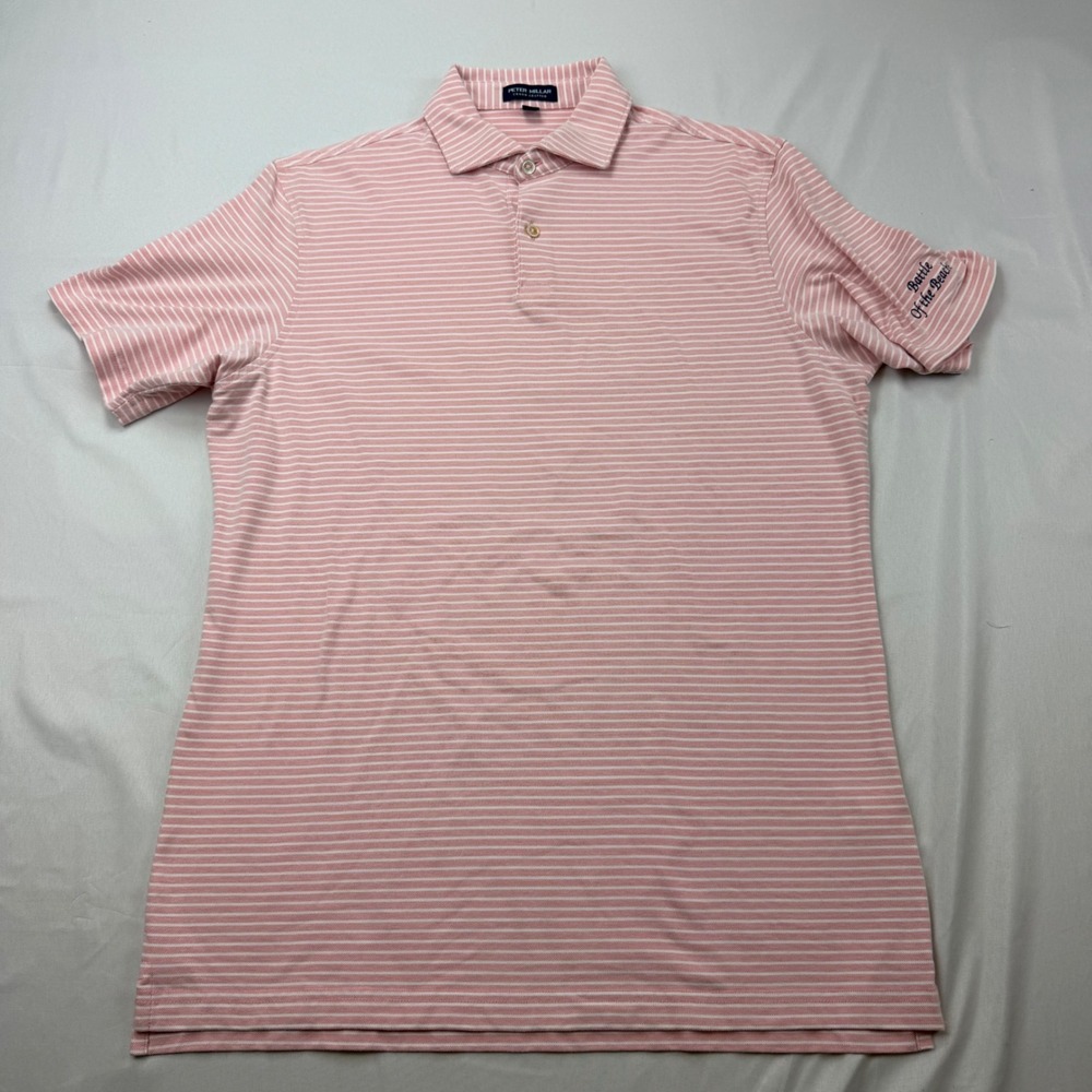 Peter Millar Polo Shirt Mens Medium Pink Striped Crown Crafted Battle Beaches
